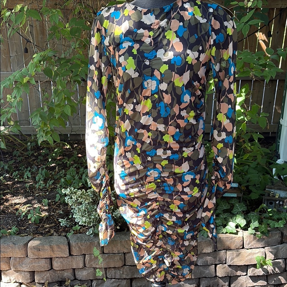 Ted Baker Blue and Yellow Bodycon Dress with Bishop Sleeves